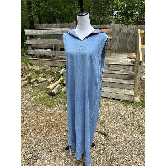Vintage Mountain Lake PXL Denim Maxi Sailor Dress Embroidered Anchor And Stars - Picture 1 of 6